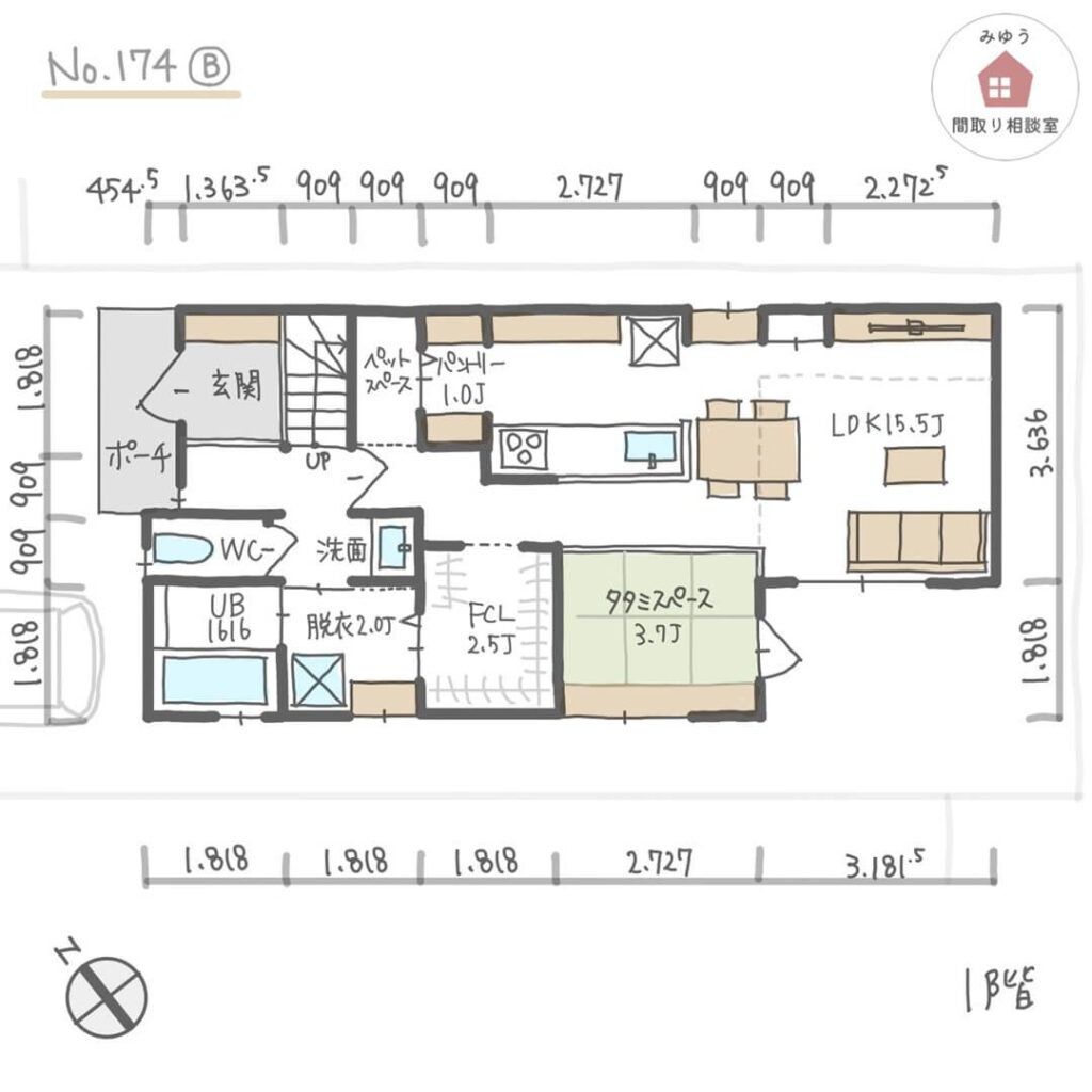 吹抜けリビングと畳スペースから庭に出られる間取り【27坪4LDK2階建】No.174B-寸法有1階