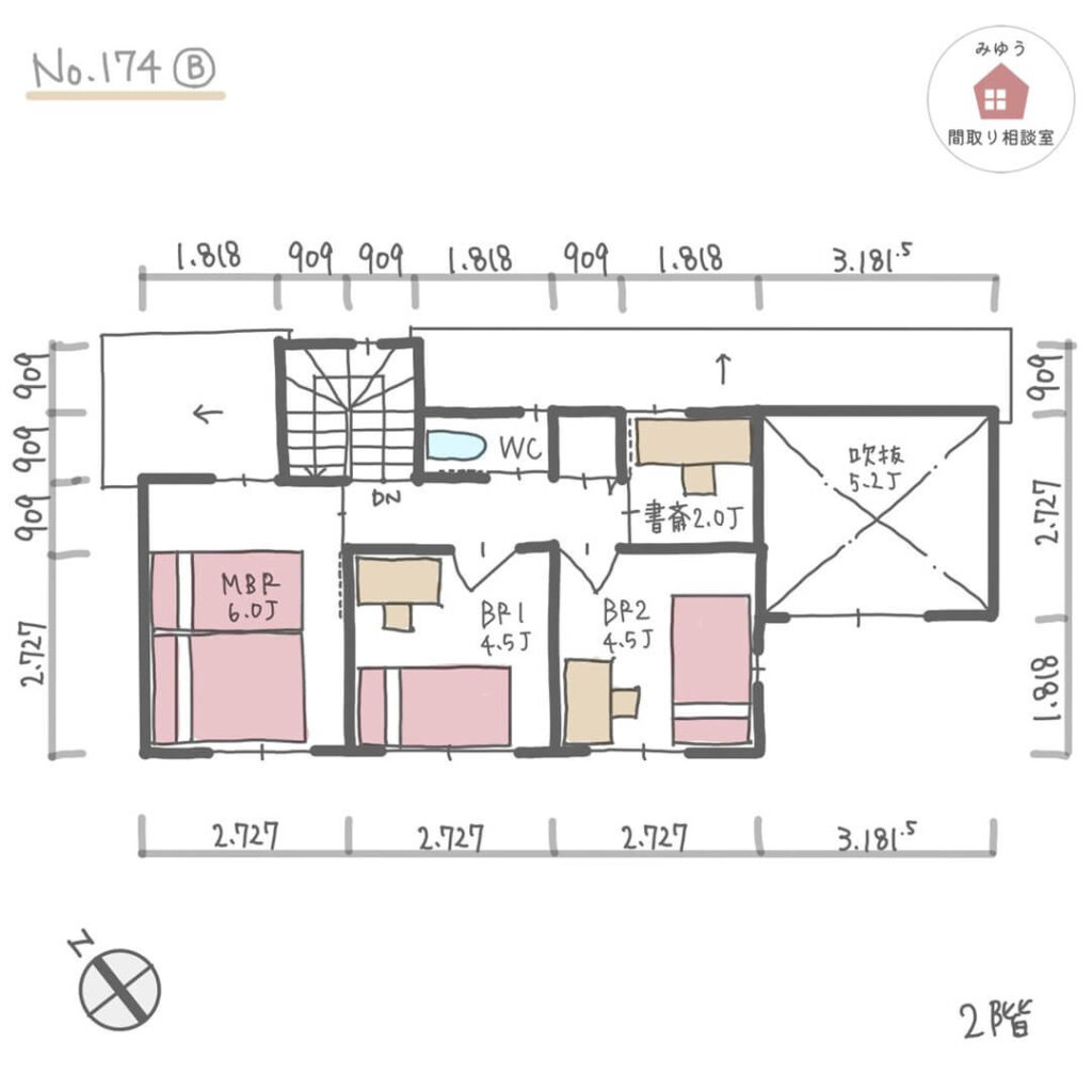 吹抜けリビングと畳スペースから庭に出られる間取り【27坪4LDK2階建】No.174B-寸法有2階