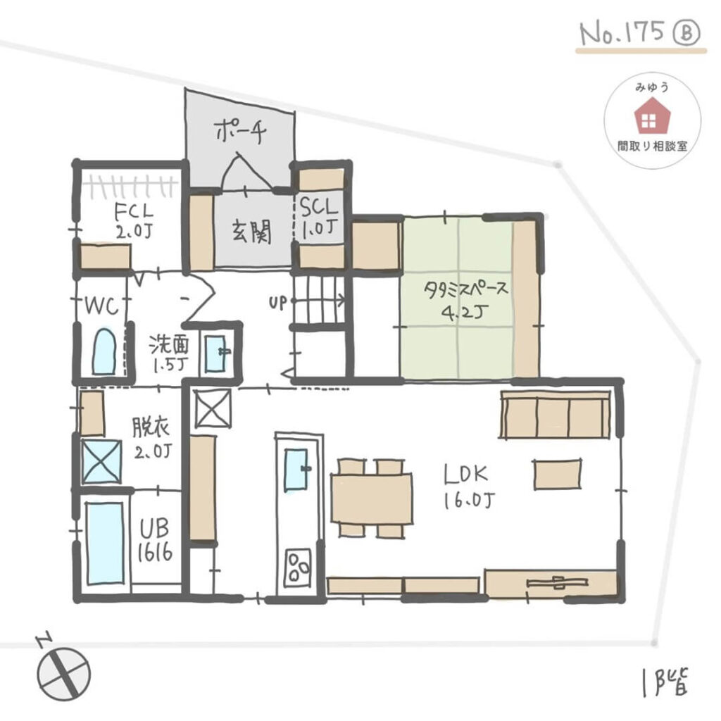 南側にＬＤＫ直線配置でリビング横に畳スペースがある間取り【31坪3LDK2階建】No.175B-1階