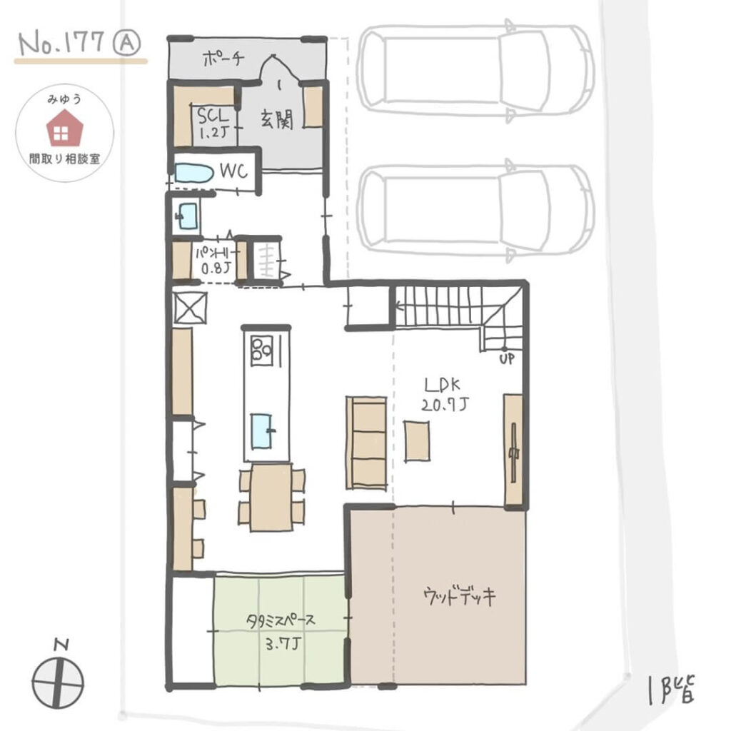 吹抜けリビングで２階の家族の様子もわかりやすい間取り【35坪4LDK2階建】No.177A-1階