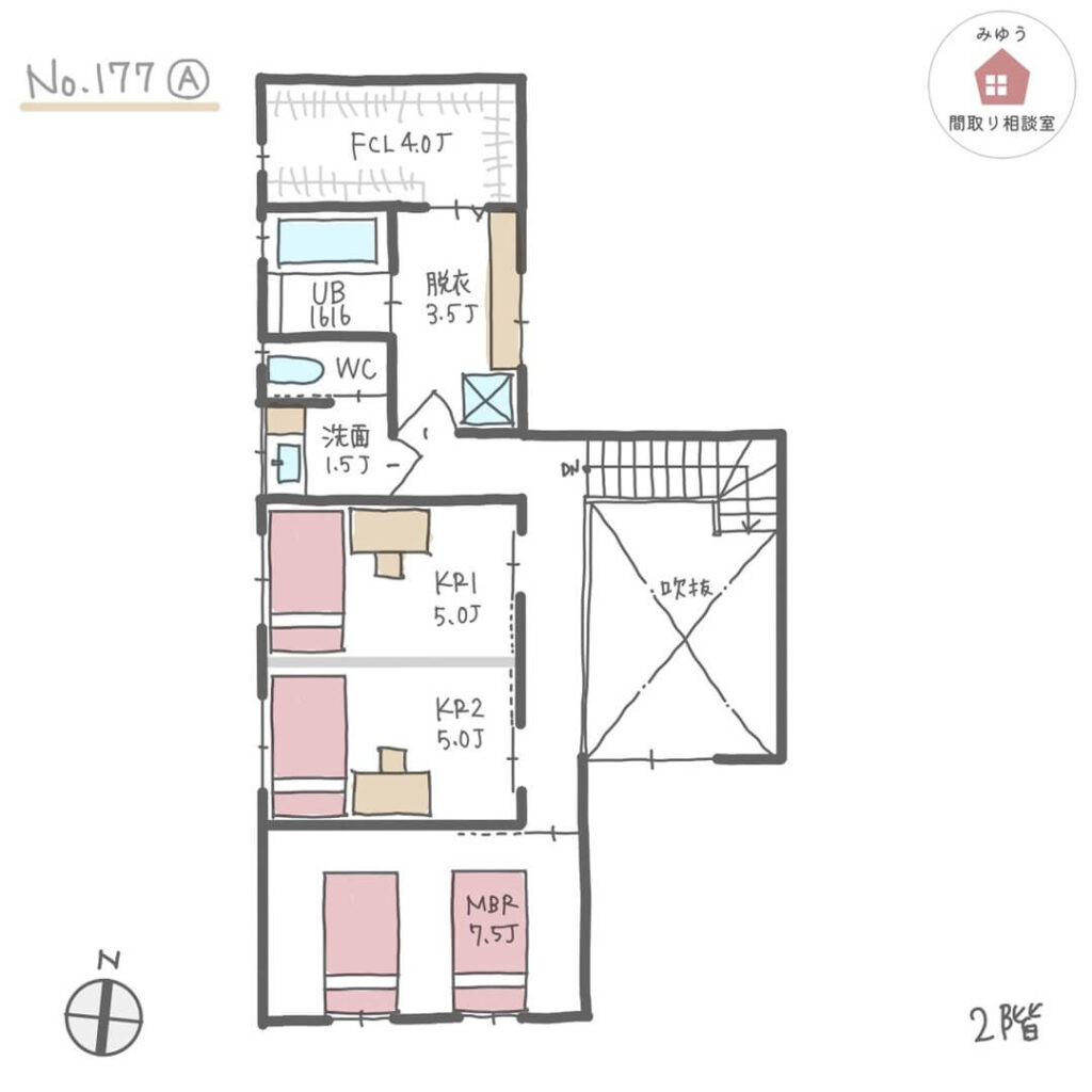 吹抜けリビングで２階の家族の様子もわかりやすい間取り【35坪4LDK2階建】No.177A-2階