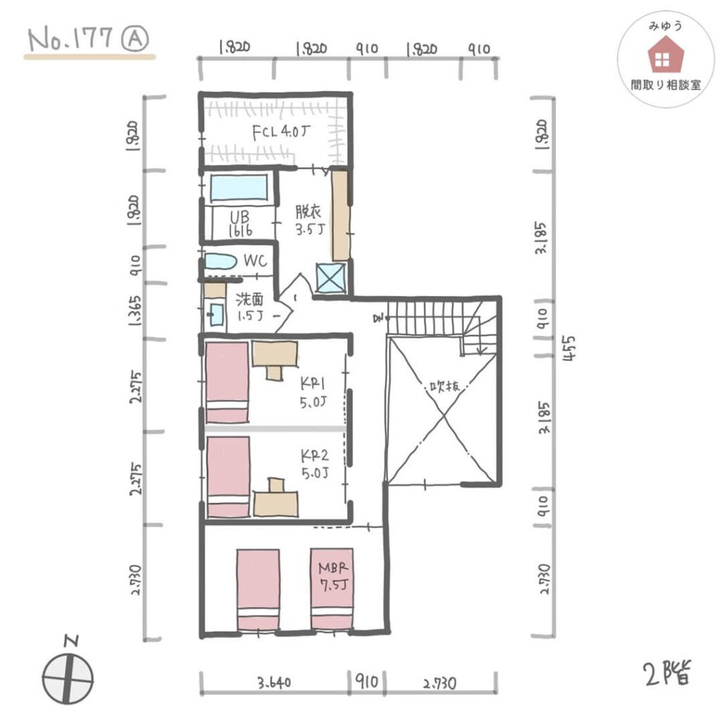 吹抜けリビングで２階の家族の様子もわかりやすい間取り【35坪4LDK2階建】No.177A-寸法有2階