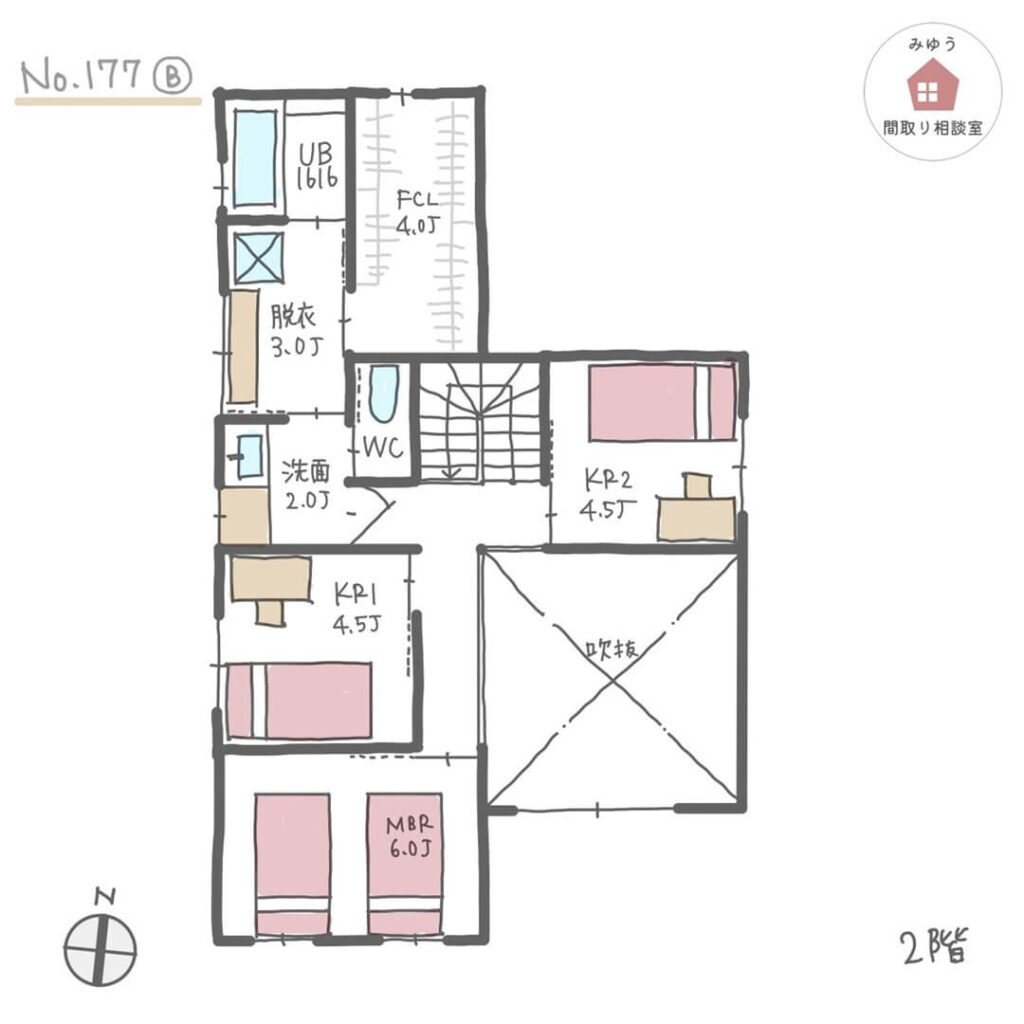 ２階浴室で広いランドリールームがある、衣類管理を個室フロアですべて行える間取り【35坪4LDK2階建】No.177B-2階
