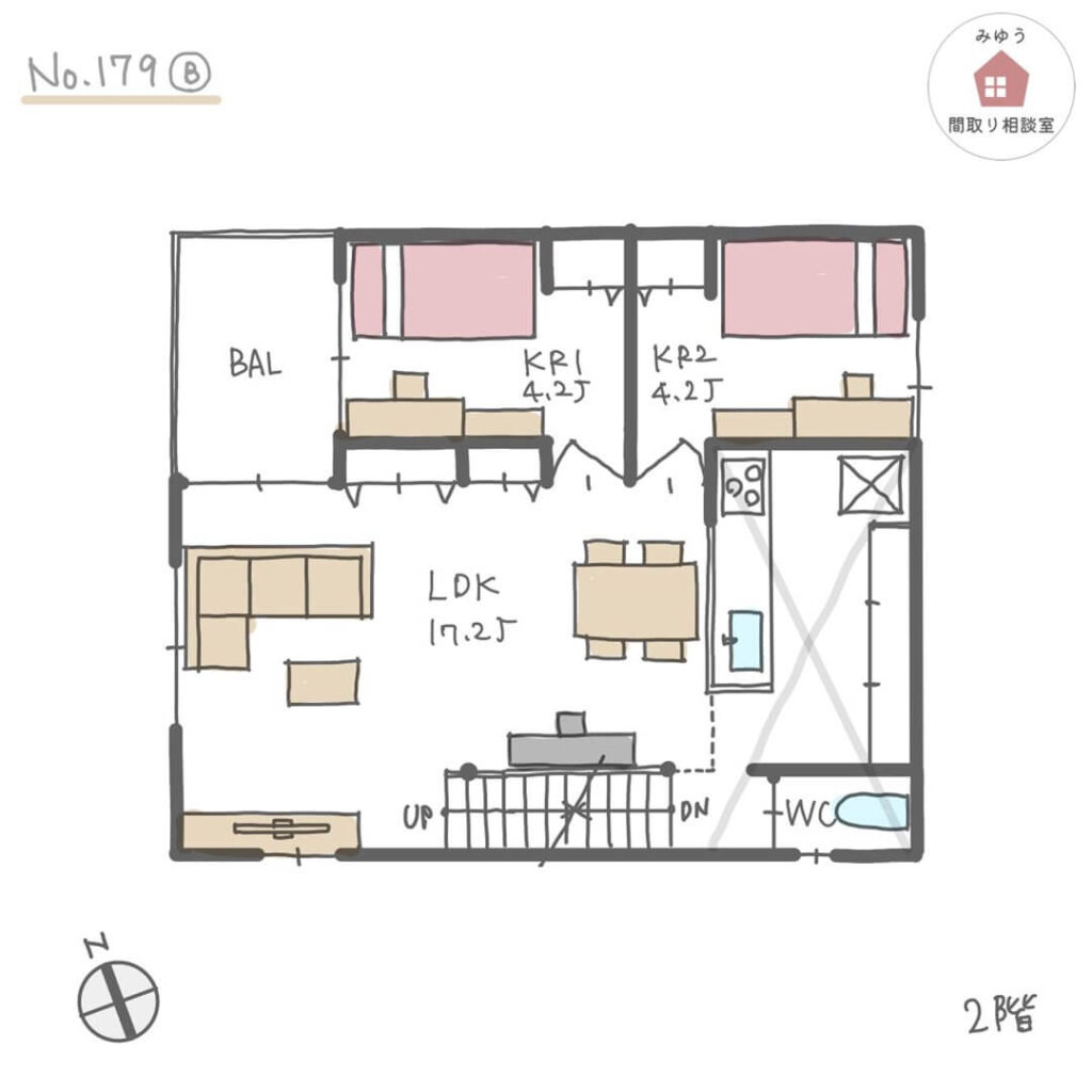 広めのウォークインタイプの土間収納と玄関収納がある間取り【30坪3LDK2階建】No.179B-2階