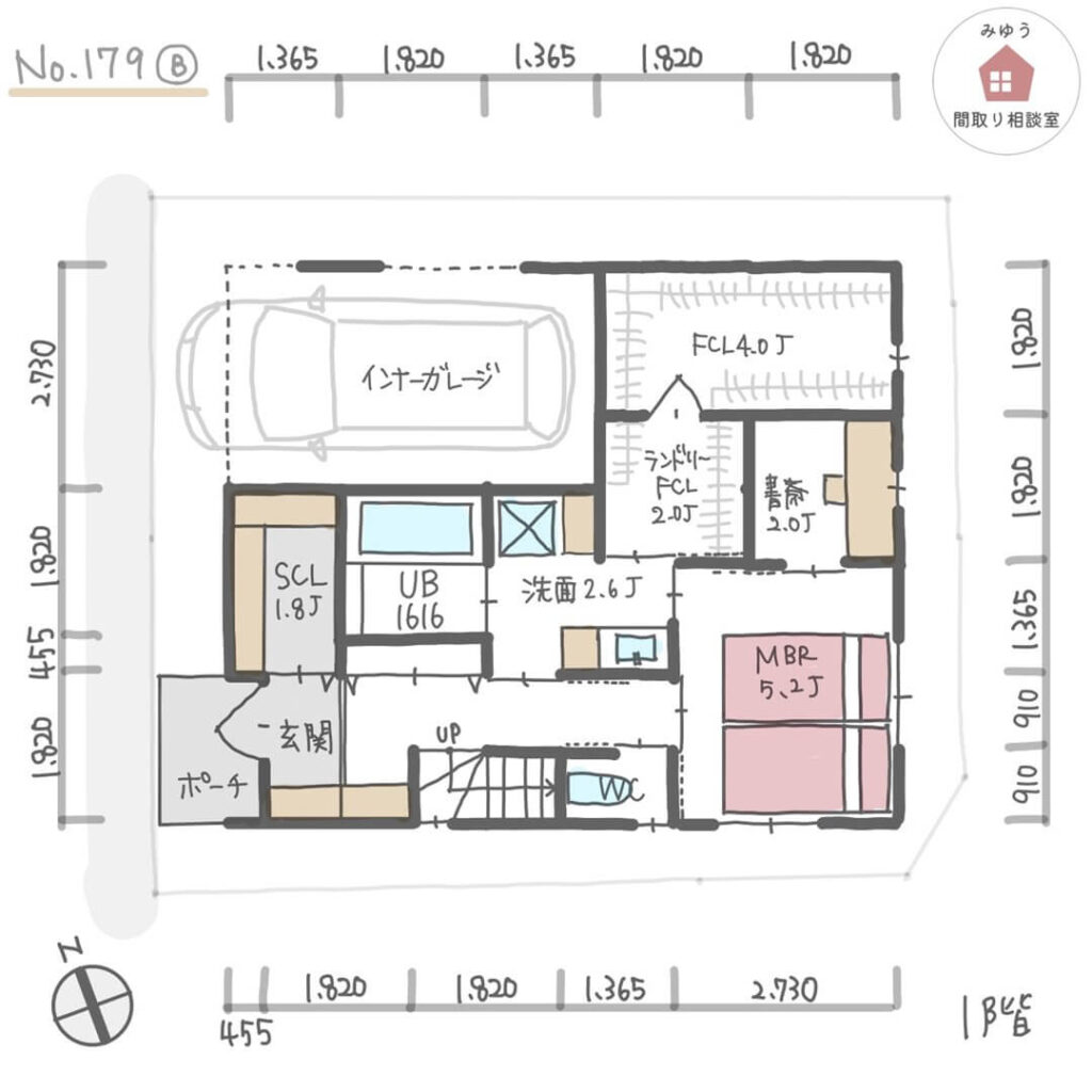 広めのウォークインタイプの土間収納と玄関収納がある間取り【30坪3LDK2階建】No.179B-寸法有1階