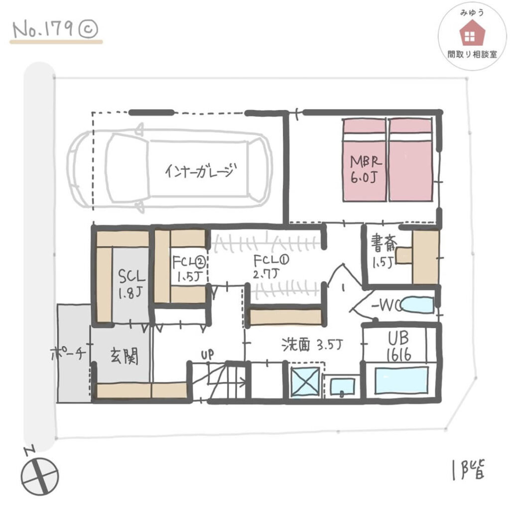 ２階リビングでキッチンテーブル横並び、テレビ裏収納がある間取り【30坪3LDK2階建】No.179C-1階