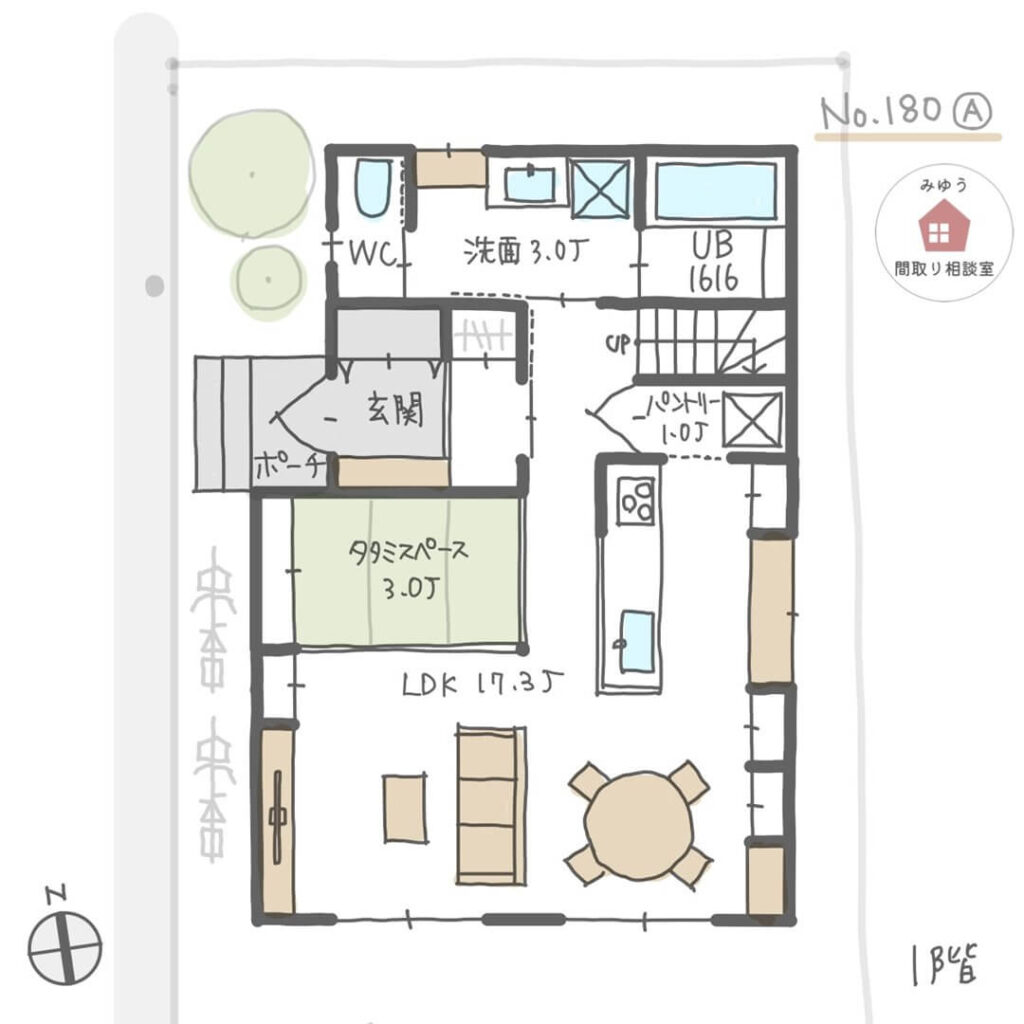 キッチンと丸テーブル横並びで、南側に日当たり良いリビングダイニングがある間取り【30坪3LDK2階建】No.180A-1階