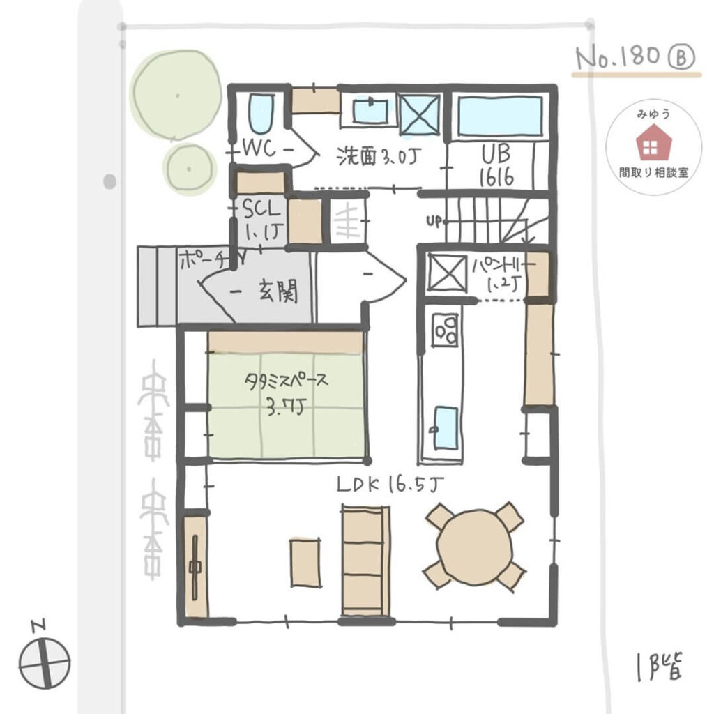 家族それぞれに個室がある夫婦別室間取り【30坪3LDK2階建】No.180B-1階