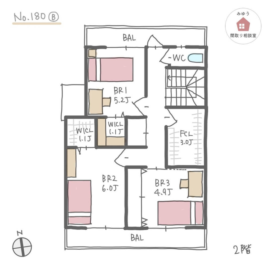 家族それぞれに個室がある夫婦別室間取り【30坪3LDK2階建】No.180B-2階