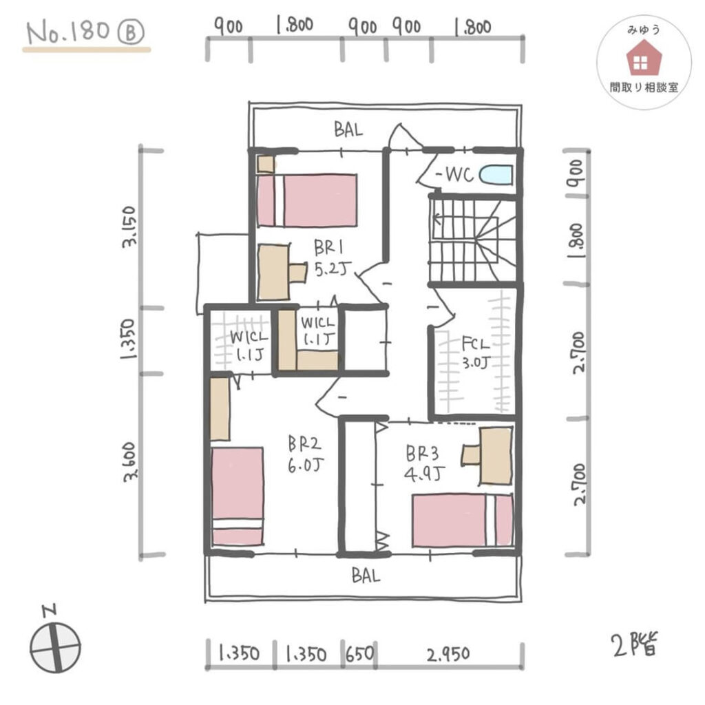家族それぞれに個室がある夫婦別室間取り【30坪3LDK2階建】No.180B-寸法有2階