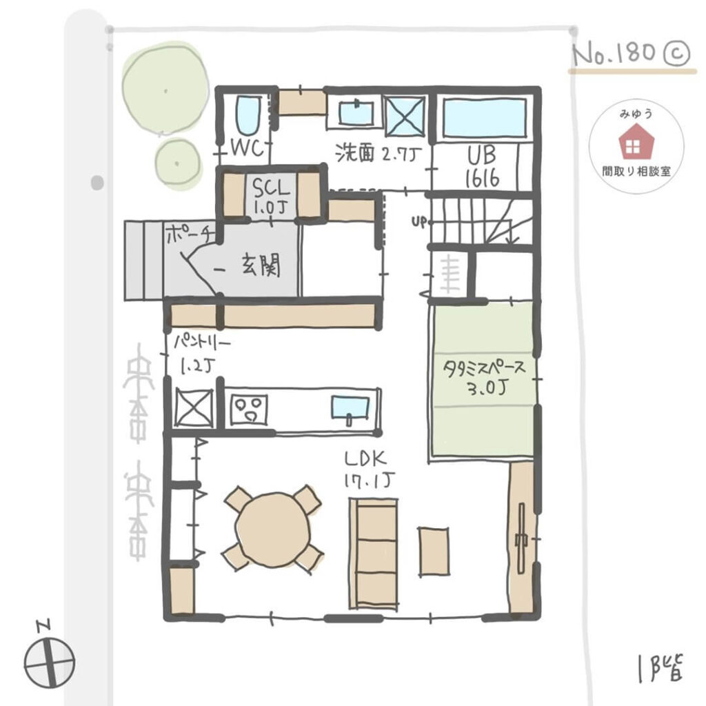 全ての部屋からバルコニーに出られる防災面を考えた間取り【30坪3LDK2階建】No.180C-1階