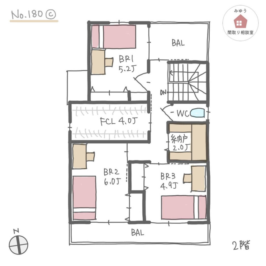 全ての部屋からバルコニーに出られる防災面を考えた間取り【30坪3LDK2階建】No.180C-2階