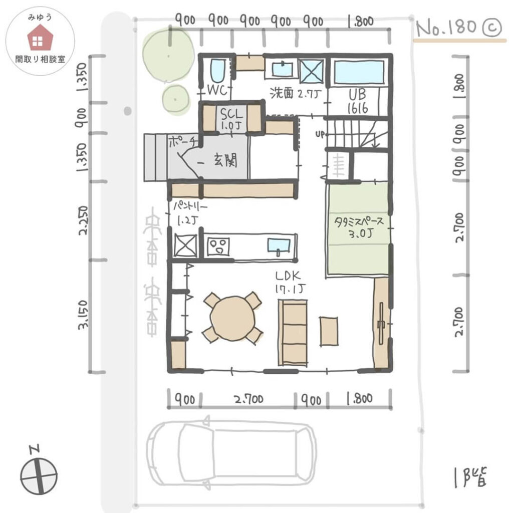 全ての部屋からバルコニーに出られる防災面を考えた間取り【30坪3LDK2階建】No.180C-寸法有1階