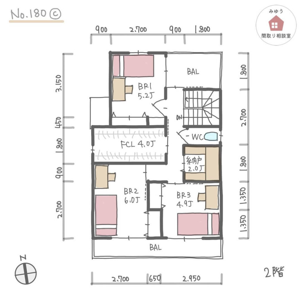 全ての部屋からバルコニーに出られる防災面を考えた間取り【30坪3LDK2階建】No.180C-寸法有2階