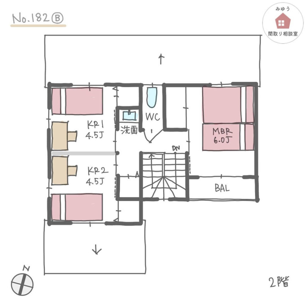 ＬＤＫと畳スペースが直線配置で１階にファミリークローゼットがある間取り【29坪3LDK2階建】No.182B-2階