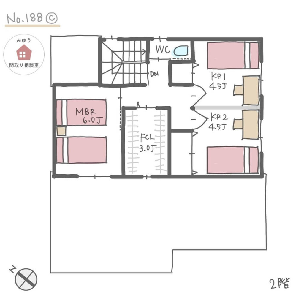 キッチンテーブル横並びでリビングと畳スペースが隣り合う間取り【33坪4LDK2階建】No.188C-2階