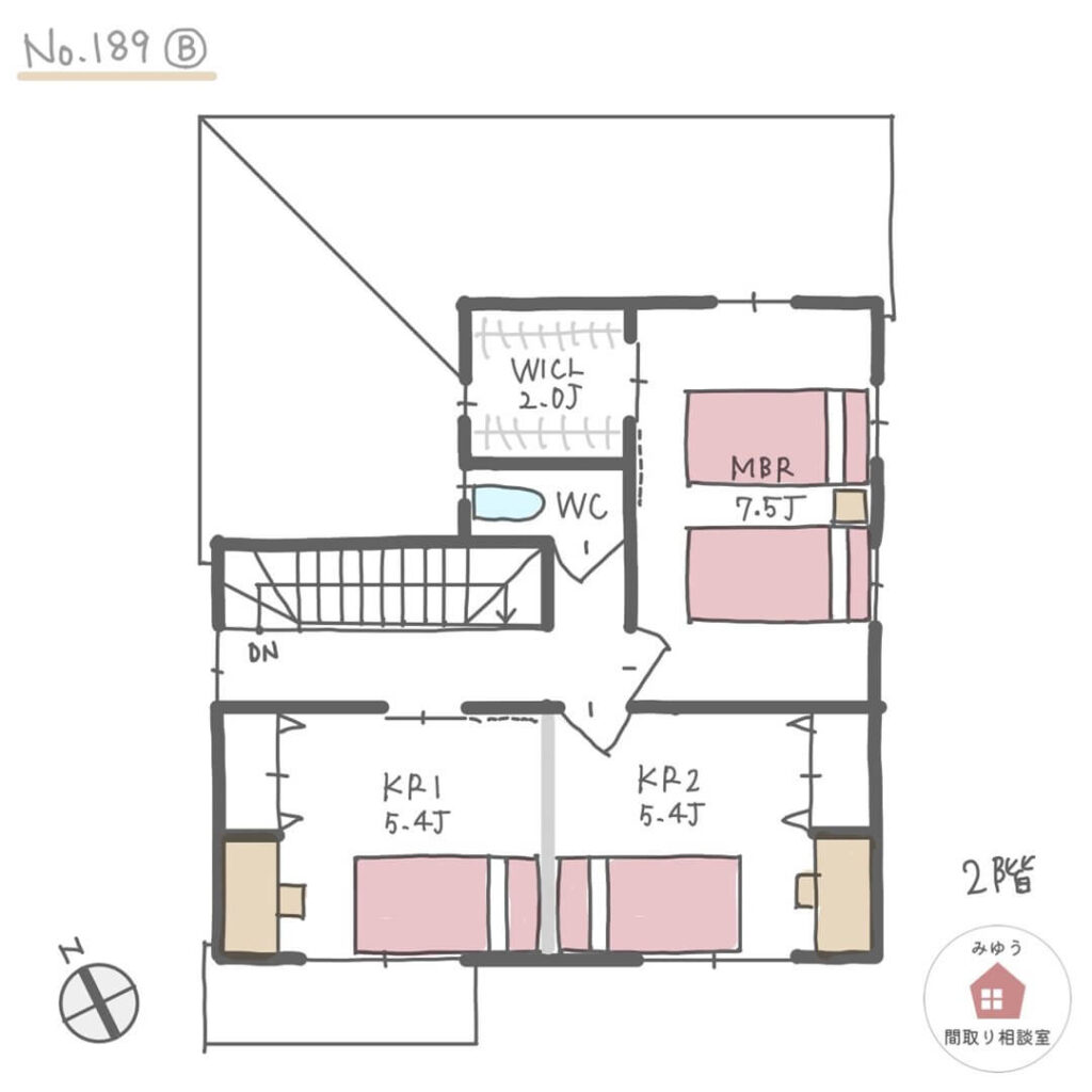 南面に広いリビングを設け、キッチンダイニング横並びで家族の様子が見やすい間取り【33坪3LDK2階建】No.189B-2階