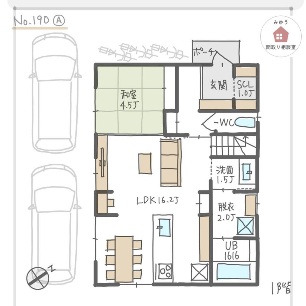 LDKの隣に和室があり、リビング階段で総二階の間取り【33坪5LDK2階建】No.190A-1階