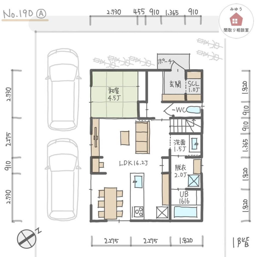 LDKの隣に和室があり、リビング階段で総二階の間取り【33坪5LDK2階建】No.190A-寸法有1階