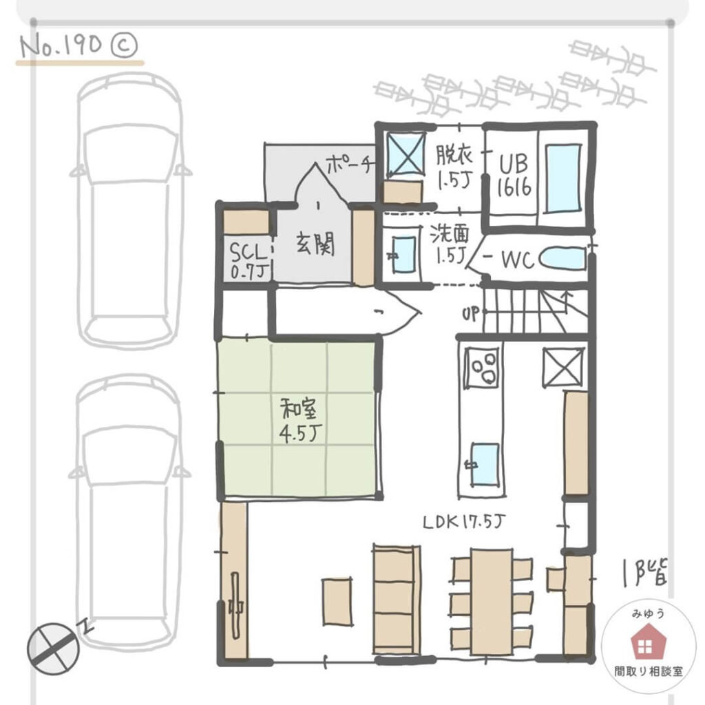 フェアなサイズの３室の子供部屋と３ベッドが並ぶ主寝室がある間取り【32坪5LDK2階建】No.190C-1階