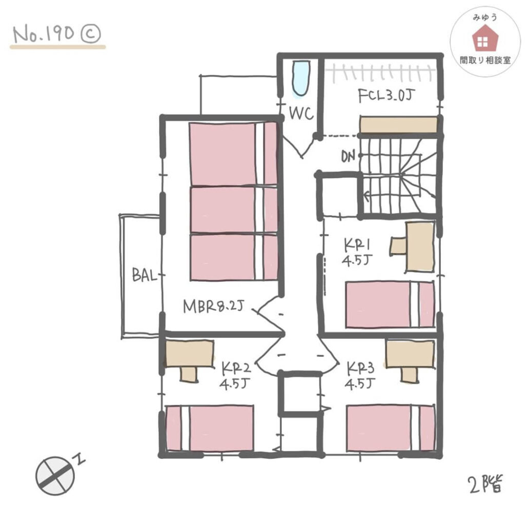 フェアなサイズの３室の子供部屋と３ベッドが並ぶ主寝室がある間取り【32坪5LDK2階建】No.190C-2階