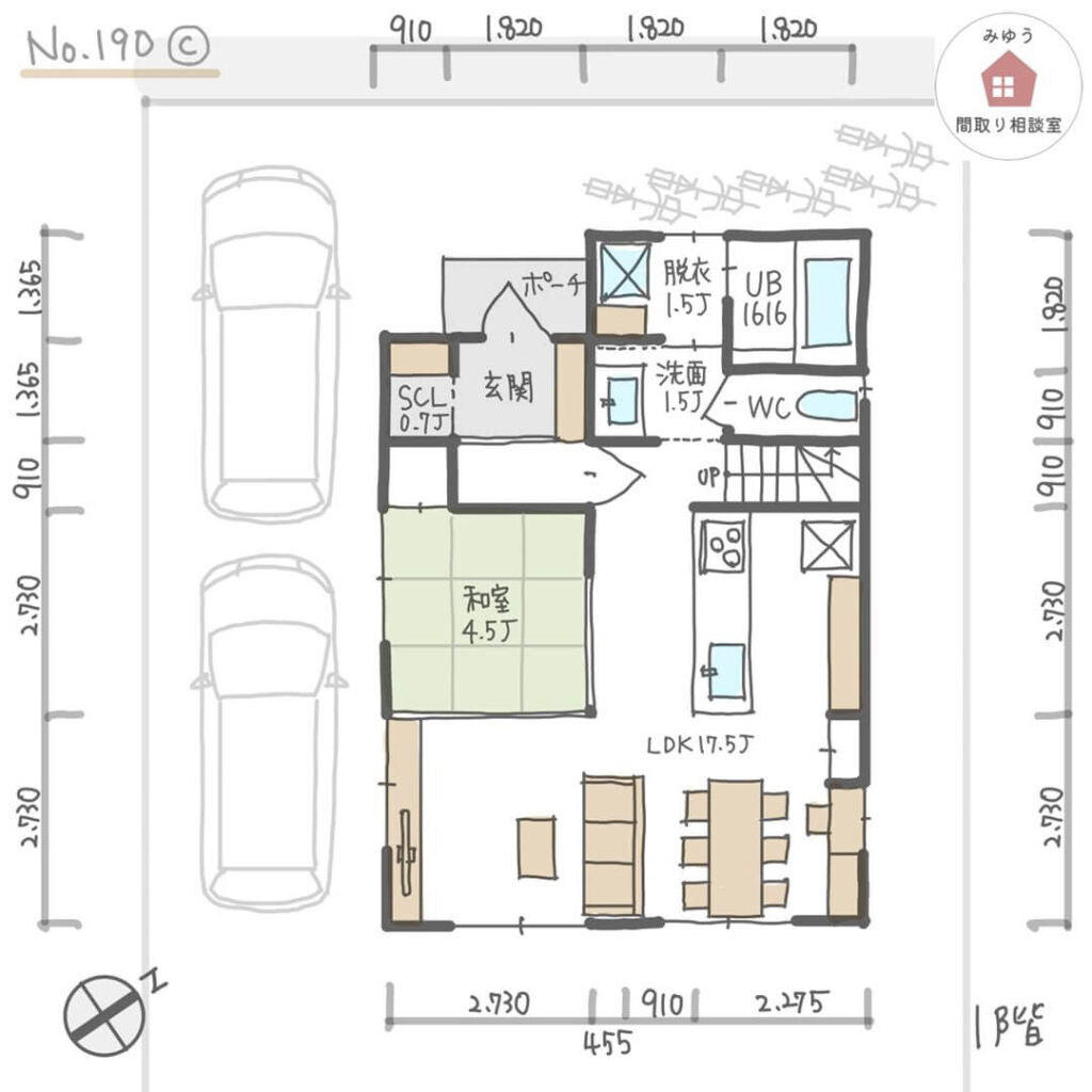 フェアなサイズの３室の子供部屋と３ベッドが並ぶ主寝室がある間取り【32坪5LDK2階建】No.190C-寸法有1階