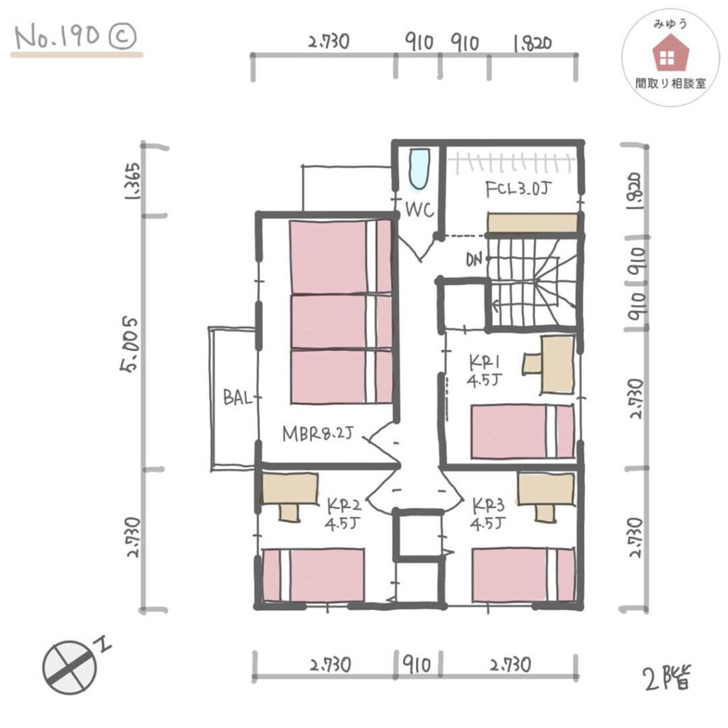 フェアなサイズの３室の子供部屋と３ベッドが並ぶ主寝室がある間取り【32坪5LDK2階建】No.190C-寸法有2階