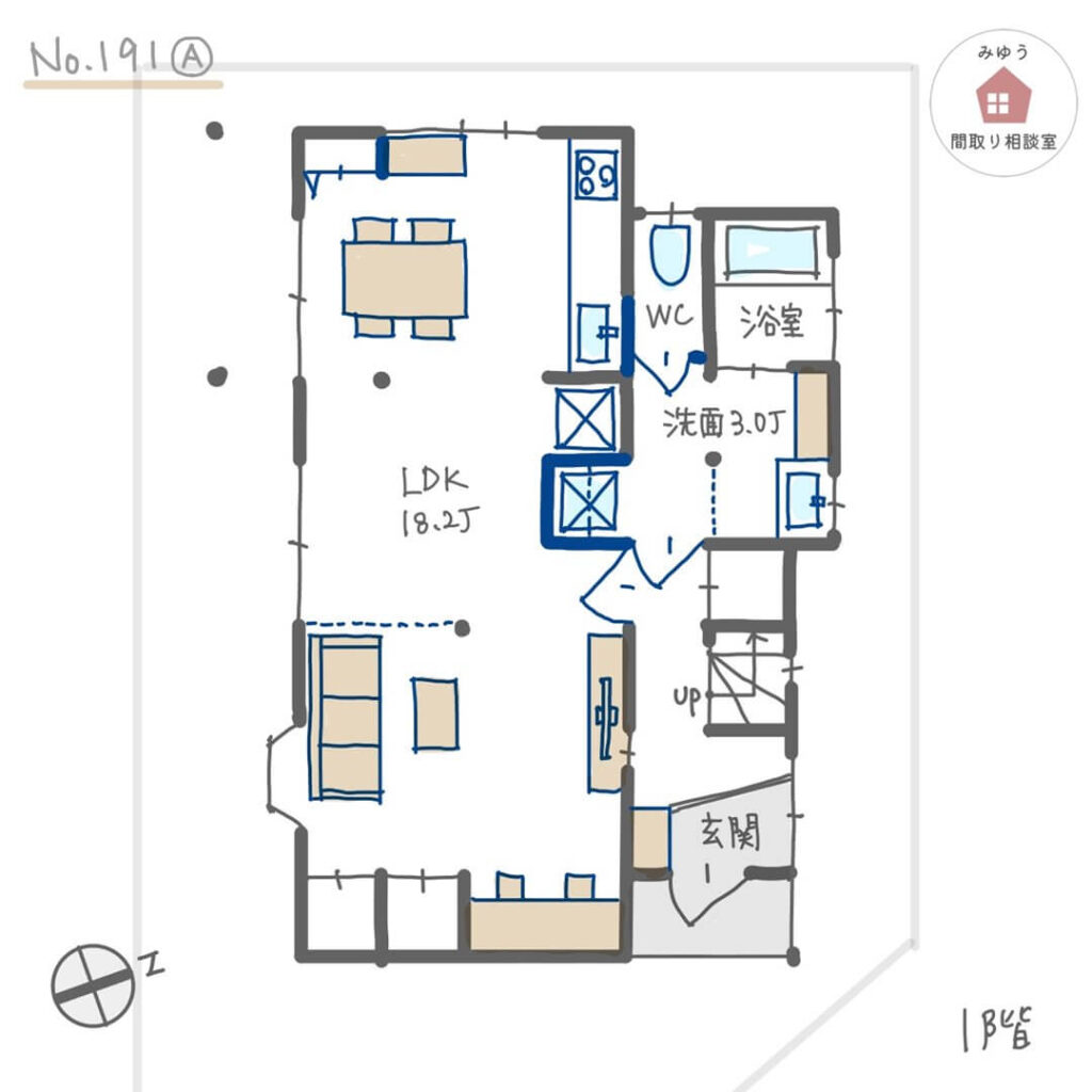 壁向きキッチンで広々ＬＤＫにリノベーションした間取り【26坪3LDK2階建】No.191A-1階