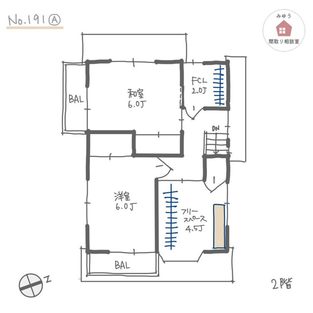 壁向きキッチンで広々ＬＤＫにリノベーションした間取り【26坪3LDK2階建】No.191A-2階