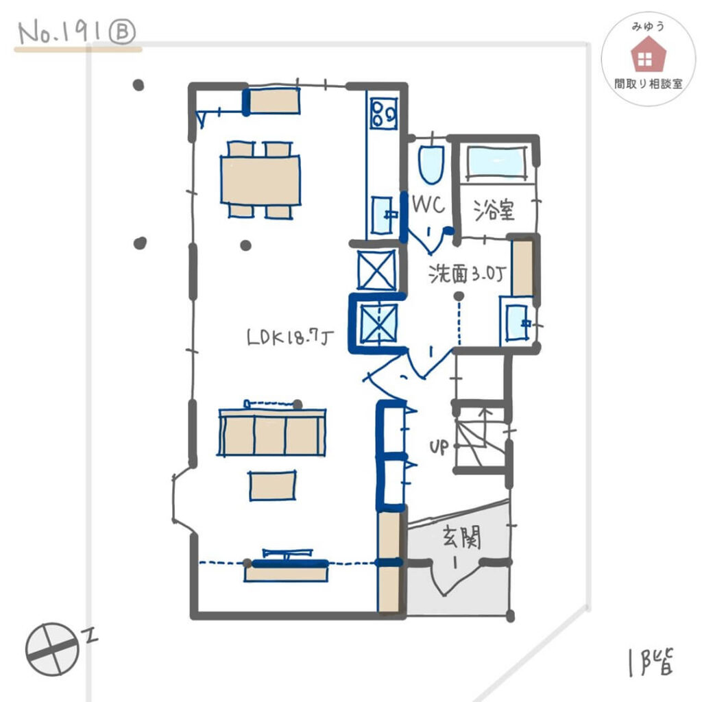 リビングにテレビ裏収納を設けた木造住宅リノベーション間取り【26坪3LDK2階建リノベーション】No.191B-1階