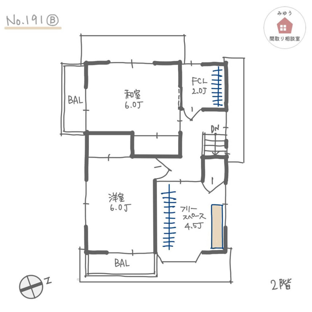 リビングにテレビ裏収納を設けた木造住宅リノベーション間取り【26坪3LDK2階建リノベーション】No.191B-2階