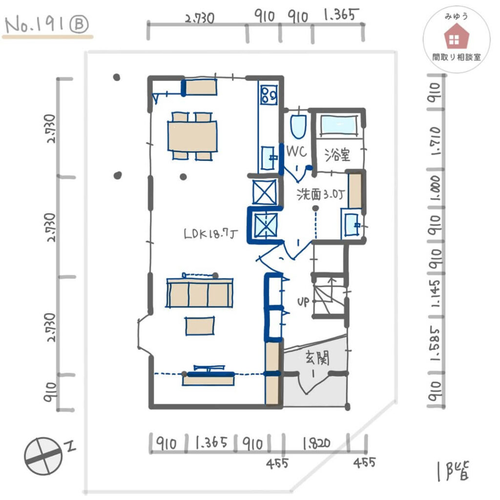 リビングにテレビ裏収納を設けた木造住宅リノベーション間取り【26坪3LDK2階建リノベーション】No.191B-寸法有1階