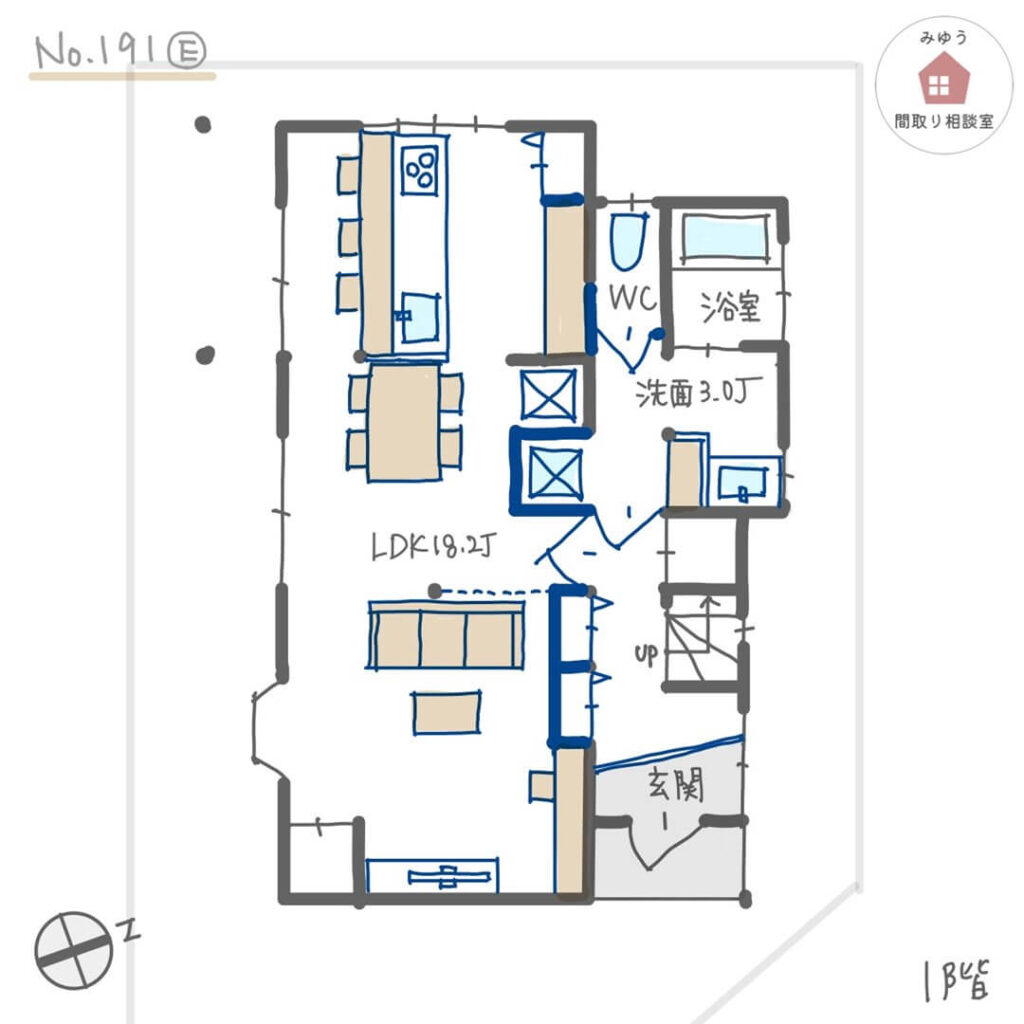キッチンテーブル横並びでキッチンカウンター前にも座れるリノベーション間取り【26坪3LDK2階建リノベーション】No.191E-1階