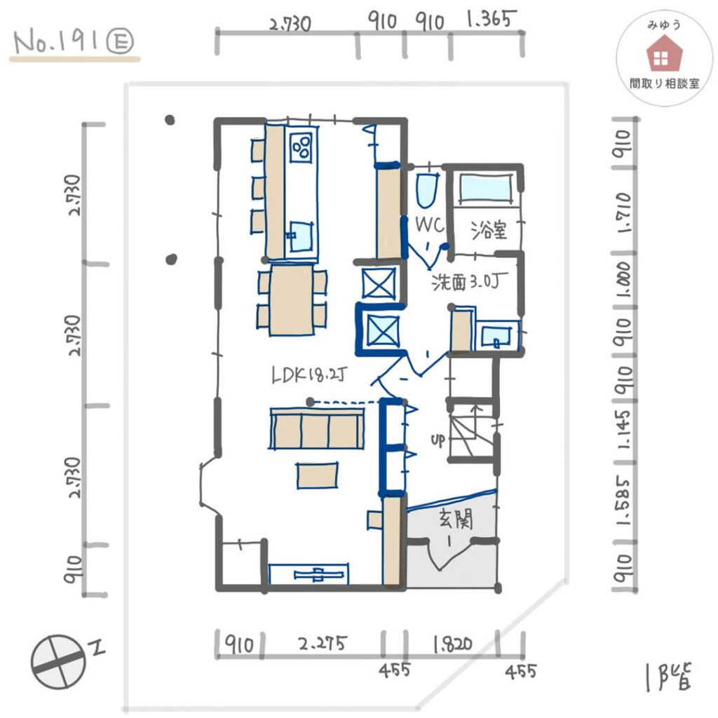 キッチンテーブル横並びでキッチンカウンター前にも座れるリノベーション間取り【26坪3LDK2階建リノベーション】No.191E-寸法有1階