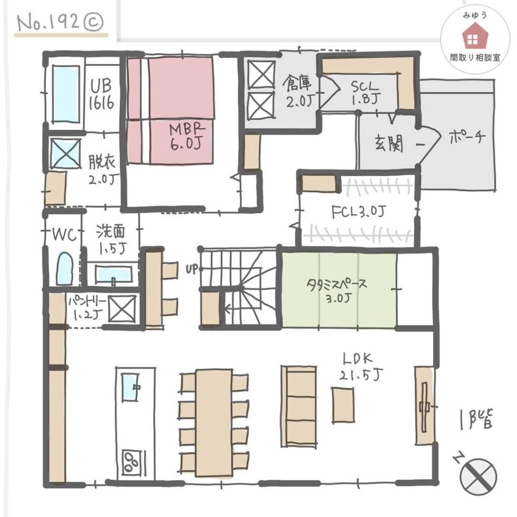 洗面脱衣別で玄関と水回りの間にファミリークローゼットがあるほぼ平屋間取り【36坪3LDK2階建】No.192C-1階