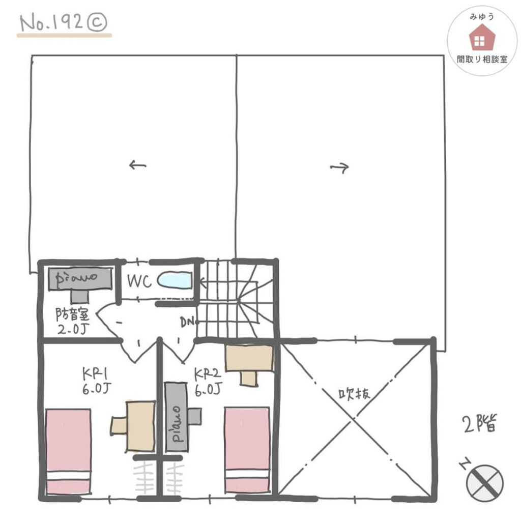 洗面脱衣別で玄関と水回りの間にファミリークローゼットがあるほぼ平屋間取り【36坪3LDK2階建】No.192C-2階