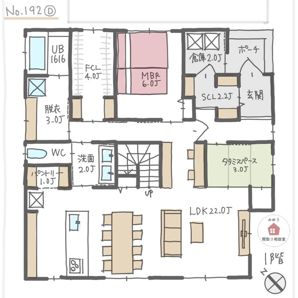 洗面脱衣別で洗面所からＬＤＫが見える回遊動線のほぼ平屋間取り【37坪3LDK2階建】No.192D-1階