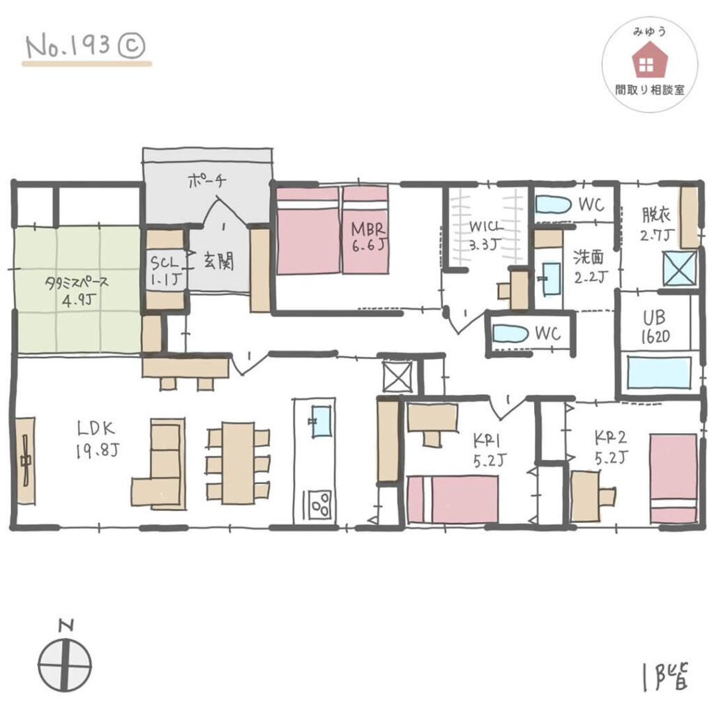 個室がそれぞれリビングと離れているプライバシーを確保しやすい平屋間取り【34坪4LDK平屋建】No.193C-1階