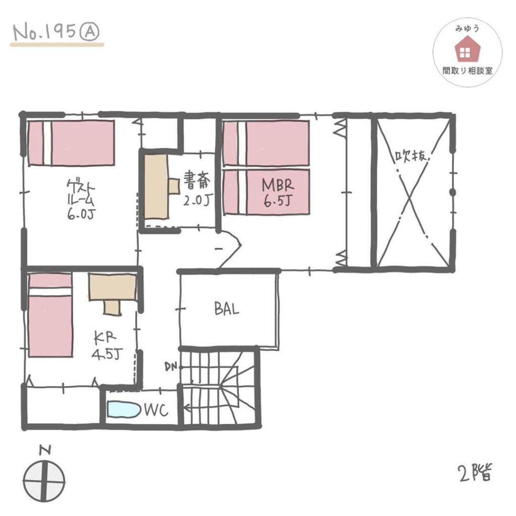 直線配置のＬＤＫの隣に吹抜けフリースペースがある間取り【30坪3LDK2階建】No.195A-2階