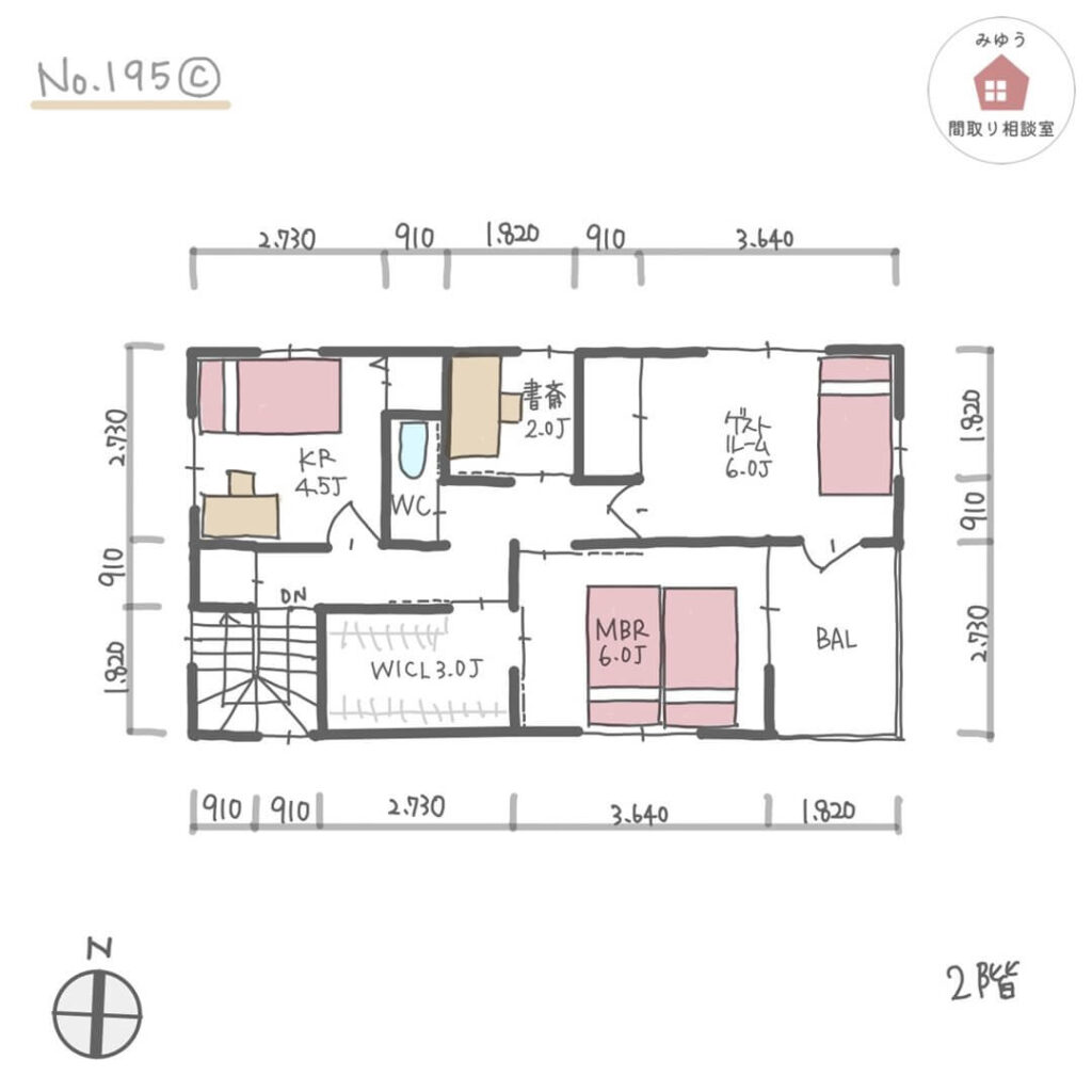 キッチンとダイニングテーブル横並びで、リビング横にフリースペースがある間取り【31坪3LDK2階建】No.195C-寸法有2階