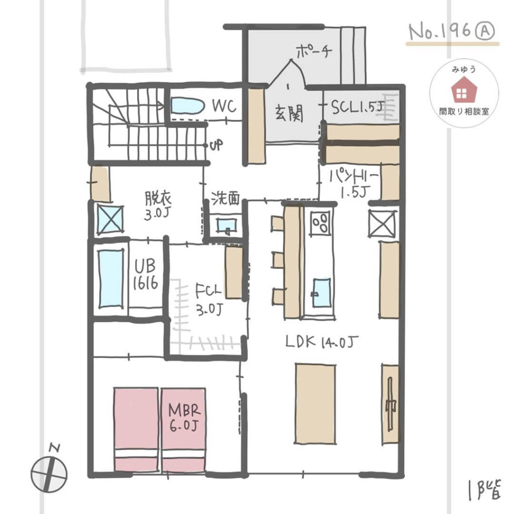 ２階は子ども部屋と納戸兼書斎のみで１階に主寝室があるほぼ平屋間取り【27坪2LDK2階建】No.196A-1階