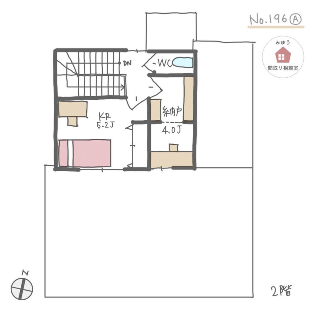 ２階は子ども部屋と納戸兼書斎のみで１階に主寝室があるほぼ平屋間取り【27坪2LDK2階建】No.196A-2階