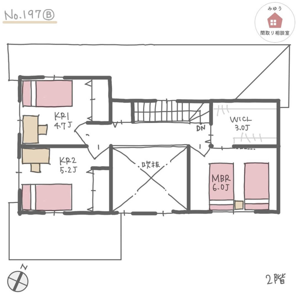 水回りとキッチン周りが回遊できて収納が充実している家事ラク間取り【33坪3LDK2階建】No.197B-2階