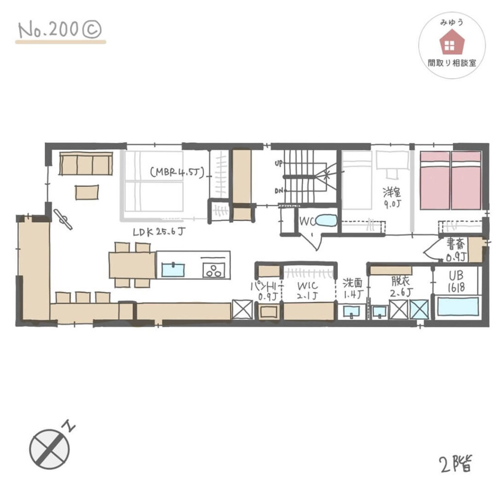 アイランドキッチンとテーブル横並びで開放的なLDKの間取り【29坪3LDKワンフロア】No.200C-1階