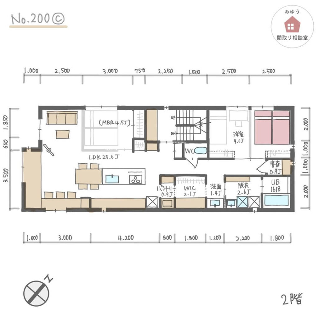 アイランドキッチンとテーブル横並びで開放的なLDKの間取り【29坪3LDKワンフロア】No.200C-寸法有1階