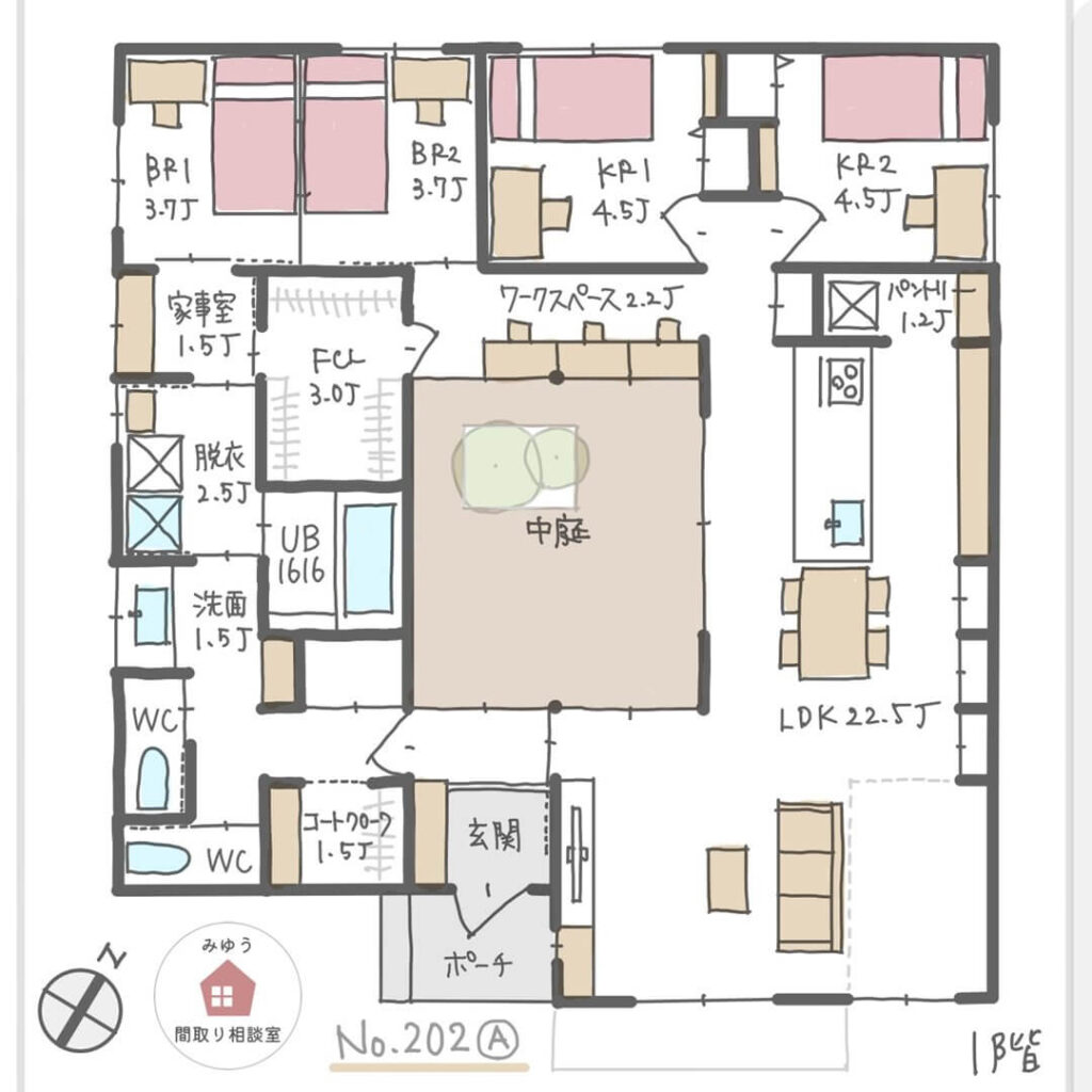 中庭を囲み水回りエリアを集中させた回遊できる平屋間取り【32坪4LDK平屋建】No.202A-1階