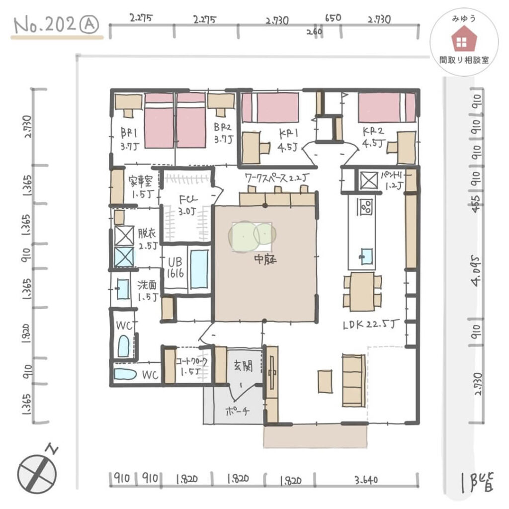 中庭を囲み水回りエリアを集中させた回遊できる平屋間取り【32坪4LDK平屋建】No.202A-寸法有1階