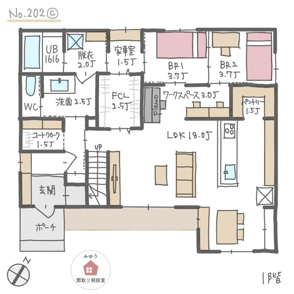 1階に2室に分けられる主寝室があり、将来1階だけで暮らせるほぼ平屋間取り【33坪4LDK2階建】No.202C-1階