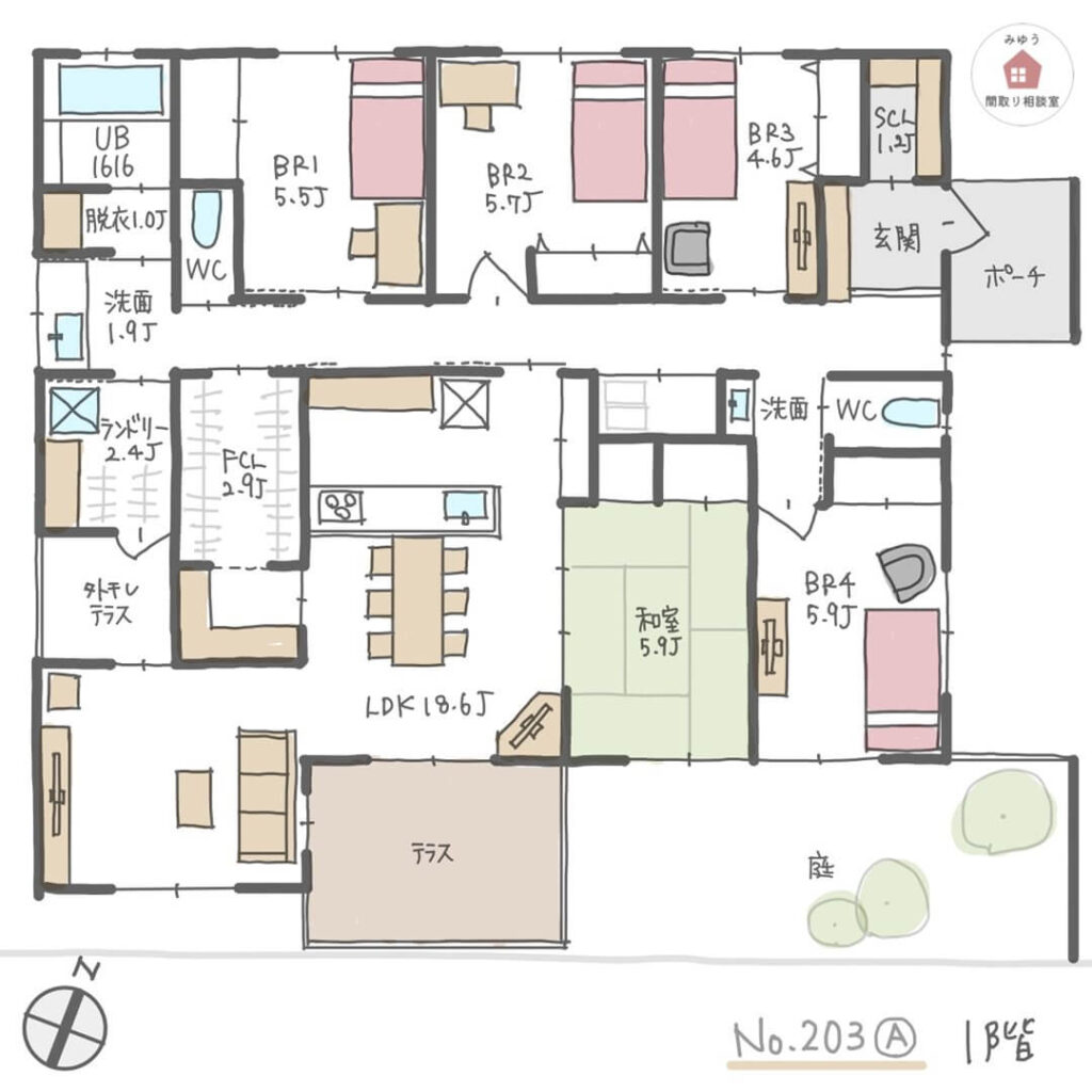 玄関近くで庭に面した親世帯部屋がある完全同居型二世帯住宅の平屋間取り【38坪5LDK平屋建】No.203A-1階