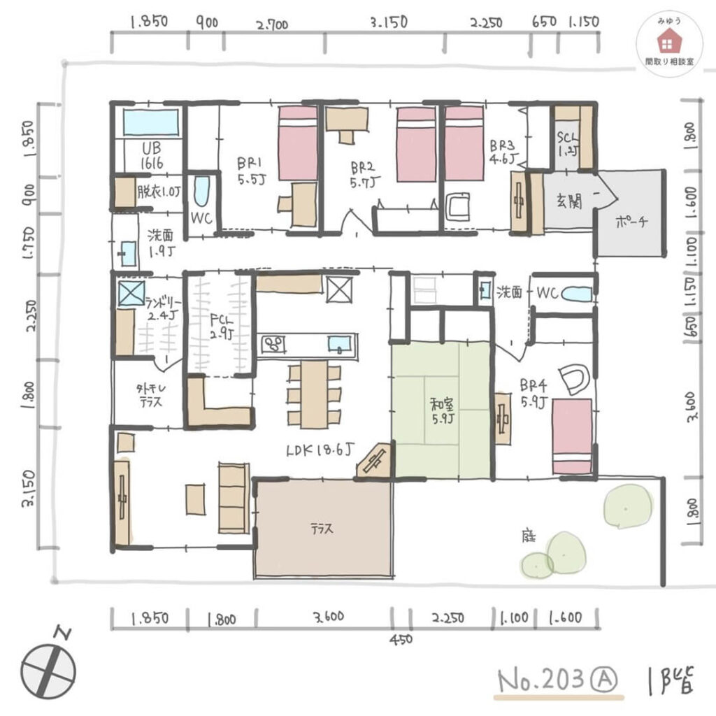 玄関近くで庭に面した親世帯部屋がある完全同居型二世帯住宅の平屋間取り【38坪5LDK平屋建】No.203A-寸法有1階